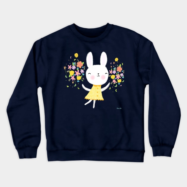 Dancing Bunny With Flowers Crewneck Sweatshirt by LittleBunnySunshine